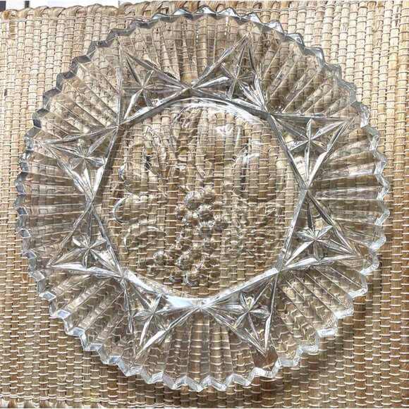 Vintage Crystal Cut Federal Glass Fruit Pattern Plate Pioneer Platter Pleated Ed - Picture 3 of 3